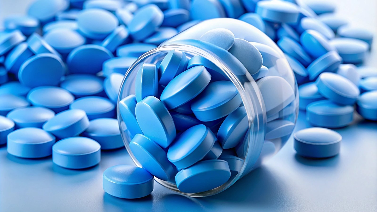 Modré tablety v skleněné nádobě